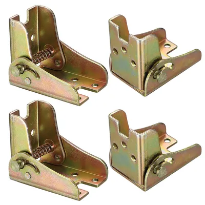 Four metal hinges are arranged in a two-by-two grid on a white background.