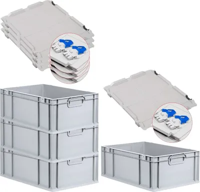 Produktbild von SuperSparSet 4x Eurobox NextGen Economy mit Scharnierdeckel und blauen Schiebeschnappverschlüssen | Griffe geschlossen | HxBxT 22x40x60cm | 44 Liter | Eurobehälter, Transportbox, Transportbehälter, Stapelbehälter