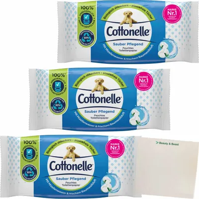Produktbild von Cottonelle Feuchte Toilettentücher Sauber Pflegend Mit Mizellenwasser & frischem Baumwollduft 3er Pack (3x42Stk Packung) + usy Block