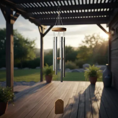 Produktbild von Windspiel mit 6 Metallröhren, holzfarben, Dekoration für Garten, Terrasse und Außenbereich.