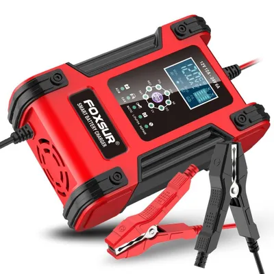 Produktbild von Intelligentes FOXSur FBC122412D Auto-Motor-Batterieladegerät, 12V 12A/24V 6A, 7 Ladephasen, LCD, Reparaturmodus für AGM-, GEL-, SLA-, Nass-, Deep-Cycle-, EFB-, Calcium- und LiFePO4-Batterien, Rot