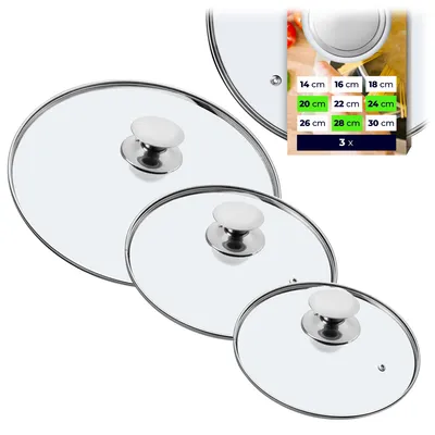 A collage of glass pot lids of different sizes, with a text overlay indicating sizes and quantity.