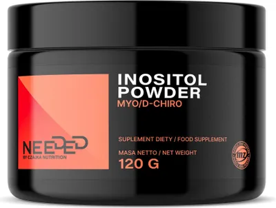 A black jar of inositol powder with orange and white text and graphics.