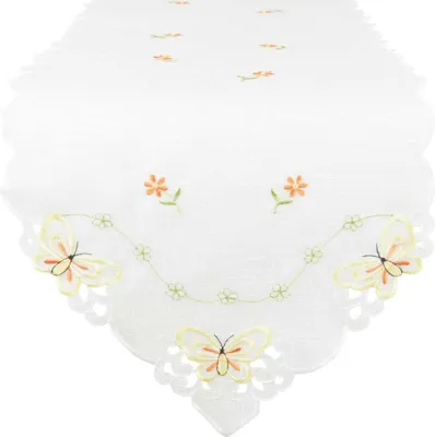 Produktbild von Tischläufer mit Stickerei, mit Blumen oder Schmetterlingen bestickter 35x140cm Läufer für den Tisch (Farbe: Gelb - Orange)