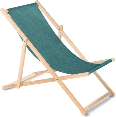 A teal-colored deck chair made of wood, shown against a white background.