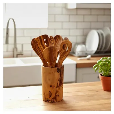 Produktbild von Küchenhelfer-Set mit Utensilienbecher, 7-teilig, aus Olivenholz