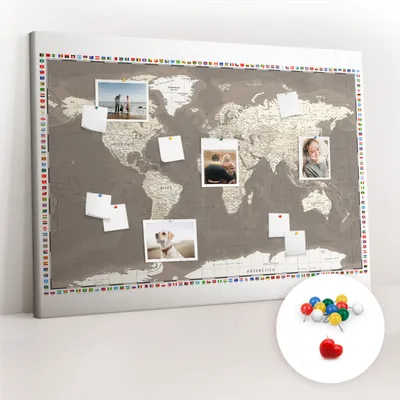 Imagen del producto de Tablero de corcho con chinchetas - Panel con chinchetas para fotografías y notas - 140x100 cm - 100 chinchetas de colores - Mapa del mundo en color marrón