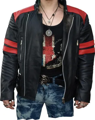 Produktbild von Lederjacke im Oldschool Retro Stil aus echtem Leder mit Reißverschluss, schwarz/rot