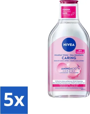 Zdjęcie produktu dla NIVEA - Woda micelarna - Essentials Soothing & Caring - Dla skóry suchej - Z olejkiem migdałowym i aminokwasami - 400 ml - Value pack - 5 szt