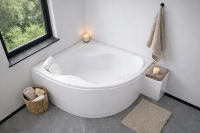Image de ECOLAM Baignoire d'angle Baignoire acrylique SELMA 150 x 150 cm + tablier + oreiller Mare  Garniture d'écoulement Alcaplast