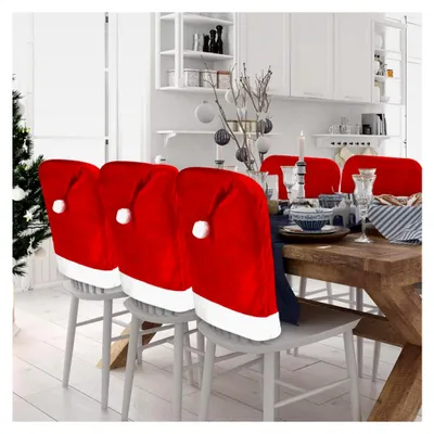 Produktbild von Set mit 4 Stuhlhussen für Weihnachten, Weihnachtsstuhlbezüge mit 4 Weihnachtsmützen für Besteck, Stuhlbezüge für Neujahrs- und Weihnachtsfeiern