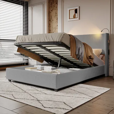 Produktbild von 140 x 200 cm Samtbett mit Stauraum, Leselampen und Lattenrost – Grau