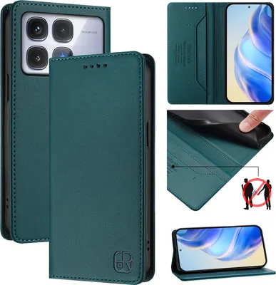 Produktbild von Lederhülle für Xiaomi Redmi K70 Ultra Hülle Flip Brieftasche Kartenfächern Ständer Schutzhülle Dunkelgrün