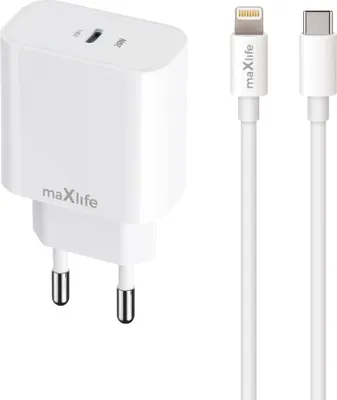 Image de Maxlife chargeur secteur PD QC MXTC-06 1x USB-C 20W blanc + câble USB-C vers Lightning 20W