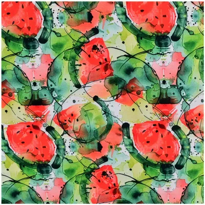 Detailansicht Baumwolljersey Wassermelone Motiv 1 – Hochwertiger Digitaldruck mit Aquarell-Effekt für Sommerkleidung.