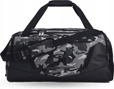 A studio shot of a camouflage duffel bag.