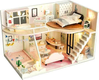 Image de Habarri | Maison Miniature - DIY Maison de Poupées - Maison en Bois avec Meubles et éclairage LED - Cadeau pour Enfants - Vacances Ensoleillées