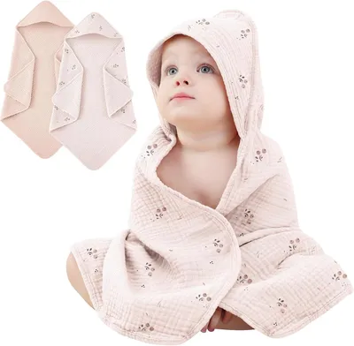 Produktbild von Baby Kapuzenhandtücher 2 Stück, 100% Musselin Baumwolle, weich, saugfähig, für das Bad