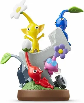 A collection of Pikmin figures on a rocky base.