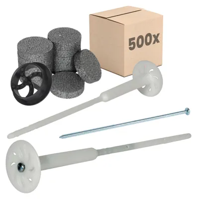 Produktbild von PROTEKTOR 500x Dämmstoff-Schraubdübel Set Ø8x300mm + Rondelle, Fräser & Stahlschraube, WDVS Dübel, Dämmstoffdübel zur Fassaden Dämmung, Langschaftdübel bei Wärmedämmung