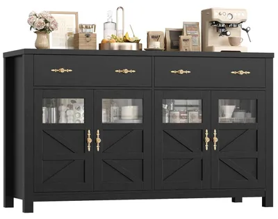 Zdjęcie produktu dla Komoda kuchenna – kredens o szerokości 140 cm – 2 regulowane półki – 2 szuflady – 4 drzwi – nowoczesny design – kolor czarny