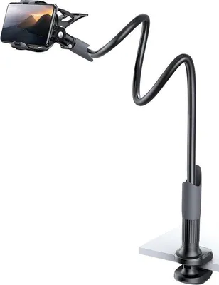 Obrázek produktu pro Flexibilní držák na telefon s labutím krkem na postel – Lazy Arm 360, nastavitelný svorkový držák – pro iPhone a Samsung – černý, flexibilní, pro domácí použití.
