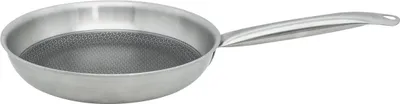 A silver frying pan with a textured interior is shown against a white background.