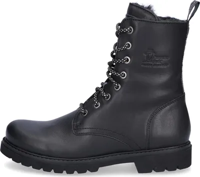 A black leather lace-up boot with a white and black patterned lace.