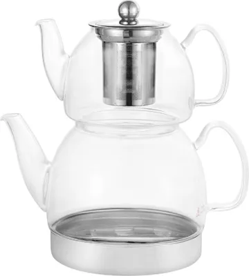 Produktbild von Schäfer Doppel-Glasteekanne Teekannen-Set mit Edelstahlfuß 600 ml & 1,5 L spülmaschinengeeignet und induktionsfähig