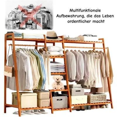 Produktbild von Kleiderständer aus Bambus, Freistehender Garderobenständer, Multifunktional Kleiderstange mit Regal,Garderobe für Schlafzimmer Flur, Einfache Montage,