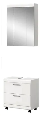 Produktbild von Badkombination Scout 60x191x34 cm in Weiß Hochglanz – Mobiles Set aus Waschbeckenunterschrank und Spiegelschrank auf Rollen