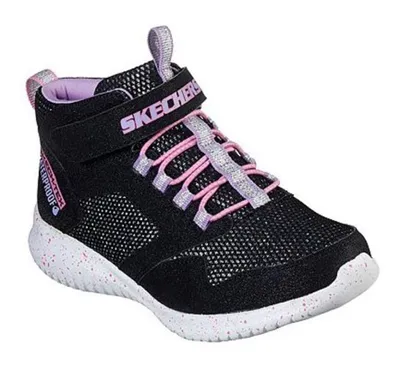 A single black and pink high-top sneaker with purple accents.