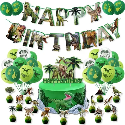 Immagine prodotto di Set di decorazioni per compleanno: 44 pezzi, palloncini a tema dinosauri, banner, decorazioni per torta