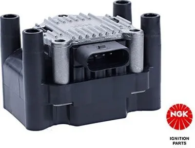 A black and silver ignition coil with a black connector and a red NGK logo in the bottom right corner.