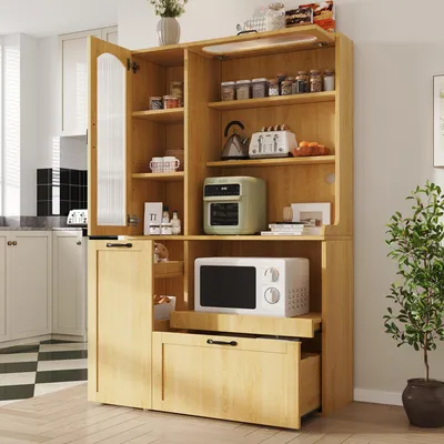Image de Armoire de cuisine Merax avec tiroirs multifonctionnels et verre strié, espace de rangement polyvalent, armoire haute pour la cuisine, la salle à manger et le salon, finition naturelle
