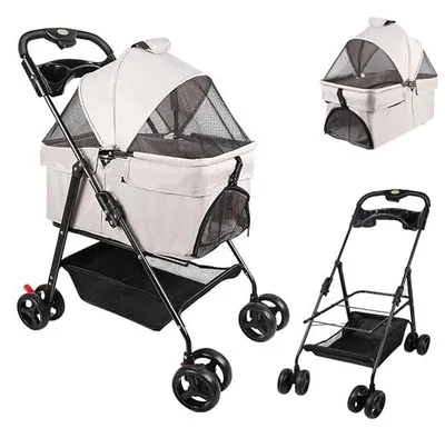 Imagen del producto de Cochecito 2 en 1 para perros, plegable, con cesta removible, ideal para perros y gatos, con 2 portavasos y de tamaño mediano. Carrito para perros/gatos, con ventanas de malla (gris)