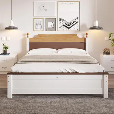 Produktbild von Fortuna Lai Doppelbett, Holzbett, Kiefernholzrahmen mit Mittelfuß, Jugendbett, Erwachsenenbett, mit Kopf- und Fußteil aus MDF, Colour-Blocking, Weiß, 140x200 cm (ohne Matratze)