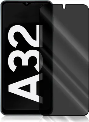 A screen protector for a Samsung Galaxy A32 phone is shown, with the phone's screen displaying large white text that reads 'A32'.