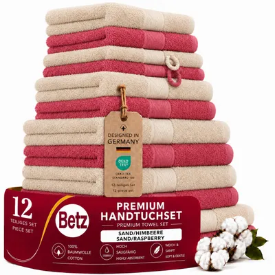 Produktbild von Betz 12-tlg. Handtuch-Set PREMIUM 2 Duschtücher 4 Handtücher 2 Gästetücher 2 Seiftücher 2 Waschhandschuhe  Farbe: sand / himbeere