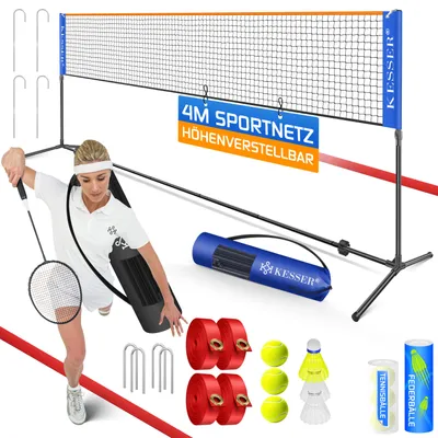 Produktbild von KESSER® Badmintonnetz, Tennisnetz | 300cm | 400cm | 500 cm | Federballnetz 3-Fach-Höhenverstellbar, Set bestehend aus Netz, 3x Feder- & Tennisball, stabilem Eisen-Gestell, Transporttasche, Indoor & Outdoor