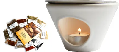 Produktbild von Räucherstövchen Konus, Keramik weiss mit 10tlg. Schnupper-Set mit Kräutern und Harzen, incl. 32seitige Broschüre