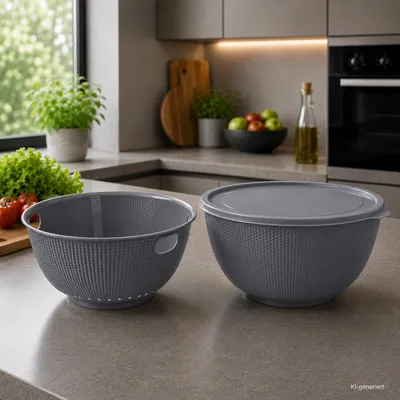 Produktbild von Rührschüssel mit Deckel + Salatseiher Sieb Grau Kunststoff 3,7L