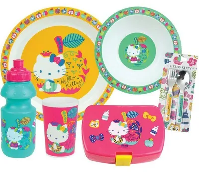 Image de Set de Vaisselle Fun House Hello Kitty - Assiette, Assiette Creuse, Verre, Couverts, Gourde, Boîte à Goûter