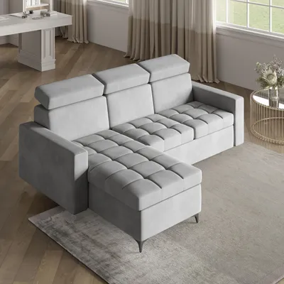 Zdjęcie produktu dla Masseno Narożnik KAME z funkcją spania i pojemnikiem na pościel Kształt L, Rozkładana sofa, Rogówka - Jasnoszary, PAROS 05