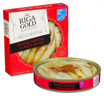 Zdjęcie produktu dla Riga Gold Brisling Sardynki W Oliwie Z Oliwek Z Chili 120G