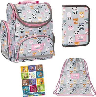 Produktbild von 4er Set Schulranzen Ranzen Tornister Federmappe Turnbeutel Turnsack Aufgabenheft für die Grundschule Tier Wildtier Motiv