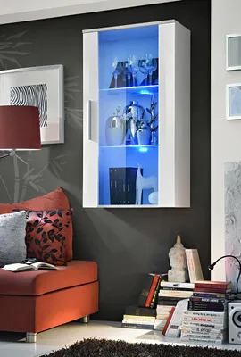 Obrázek produktu pro Obývací pokoj, bílá, závěsná vitrína, regál, nábytek, designový nástěnný skříň, luxus