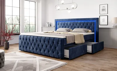 Produktbild von Moebelfest Boxspringbett 140x200 cm mit Bunt LED-Beleuchtung: Polsterbett mit 2 Schubladen, Taschenfederkernmatratze 7 Zonen und Topper (London in Blau)