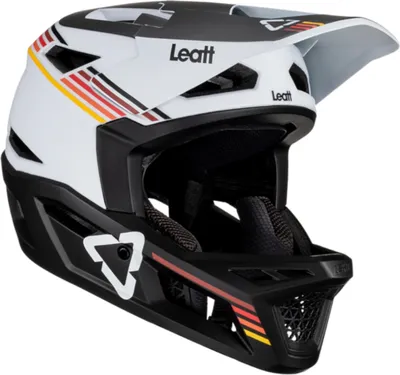 A white and black full-face helmet with red, yellow, and orange stripes.