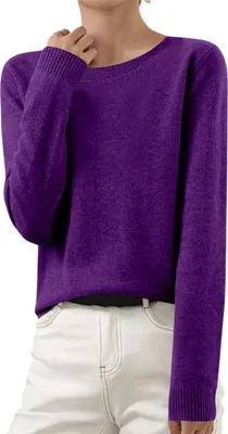 Image de ASKSA Femme Pull en tricot Elégant Pull en tricot uni Duenne Pull d'hiver en tricot fin Stretch Chaud Pull en laine Basic Pull à col rond,Violet,L